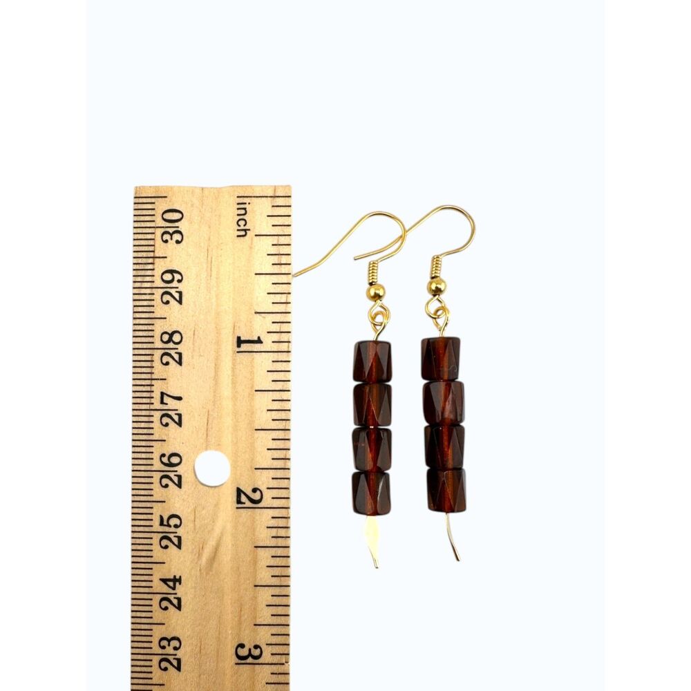 Amber Brown Czech Glass Earrings Gold Plated Faceted Dangle Minimalist Handmade - Picture 8 of 10